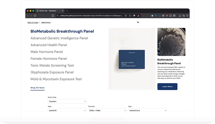 Motion Lab browser interface showing animation controls and settings