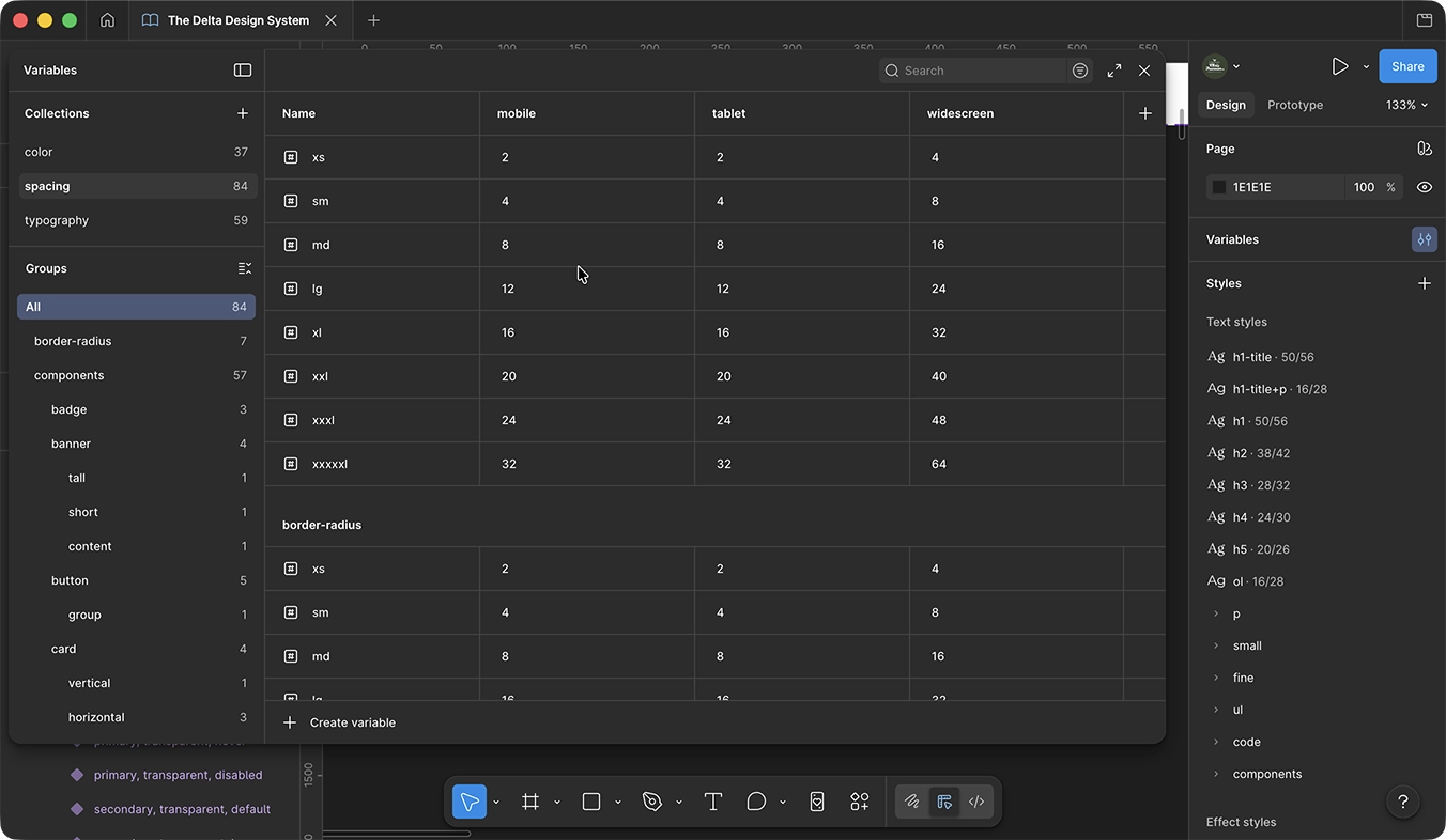 Figma variables panel showing spacing and border-radius tokens with mobile, tablet, and widescreen columns