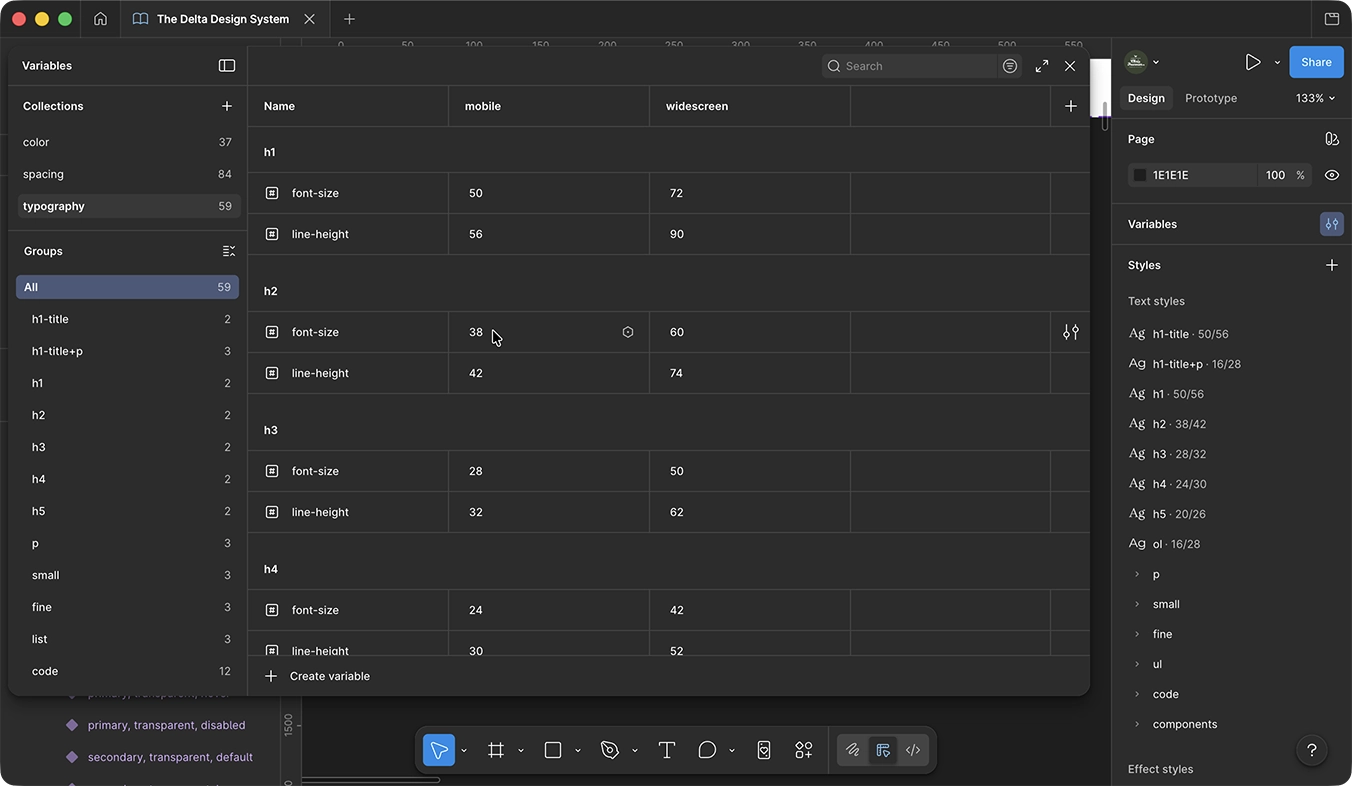 Figma variables panel showing typography tokens for headings h1 through h4 with mobile and widescreen columns