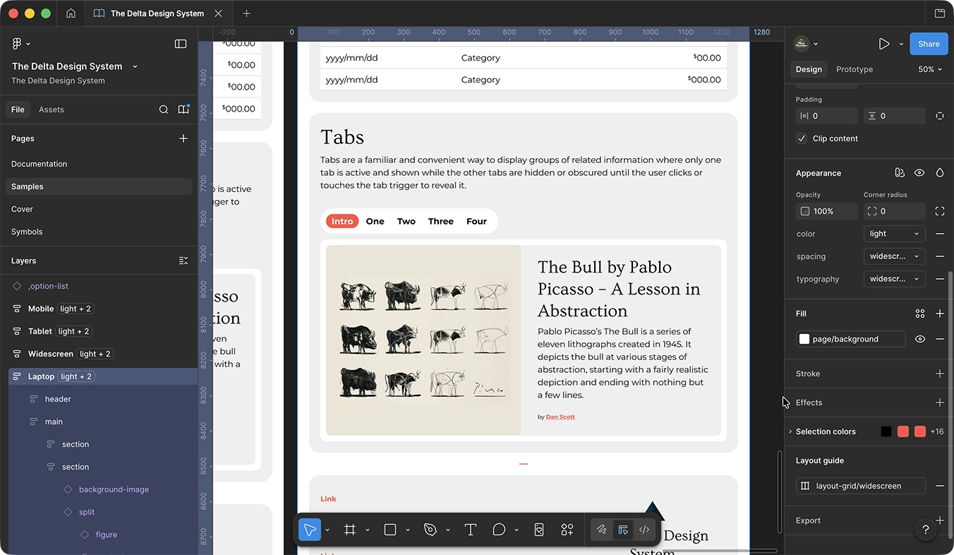 Figma sample page showing a Tabs component and content card in light mode