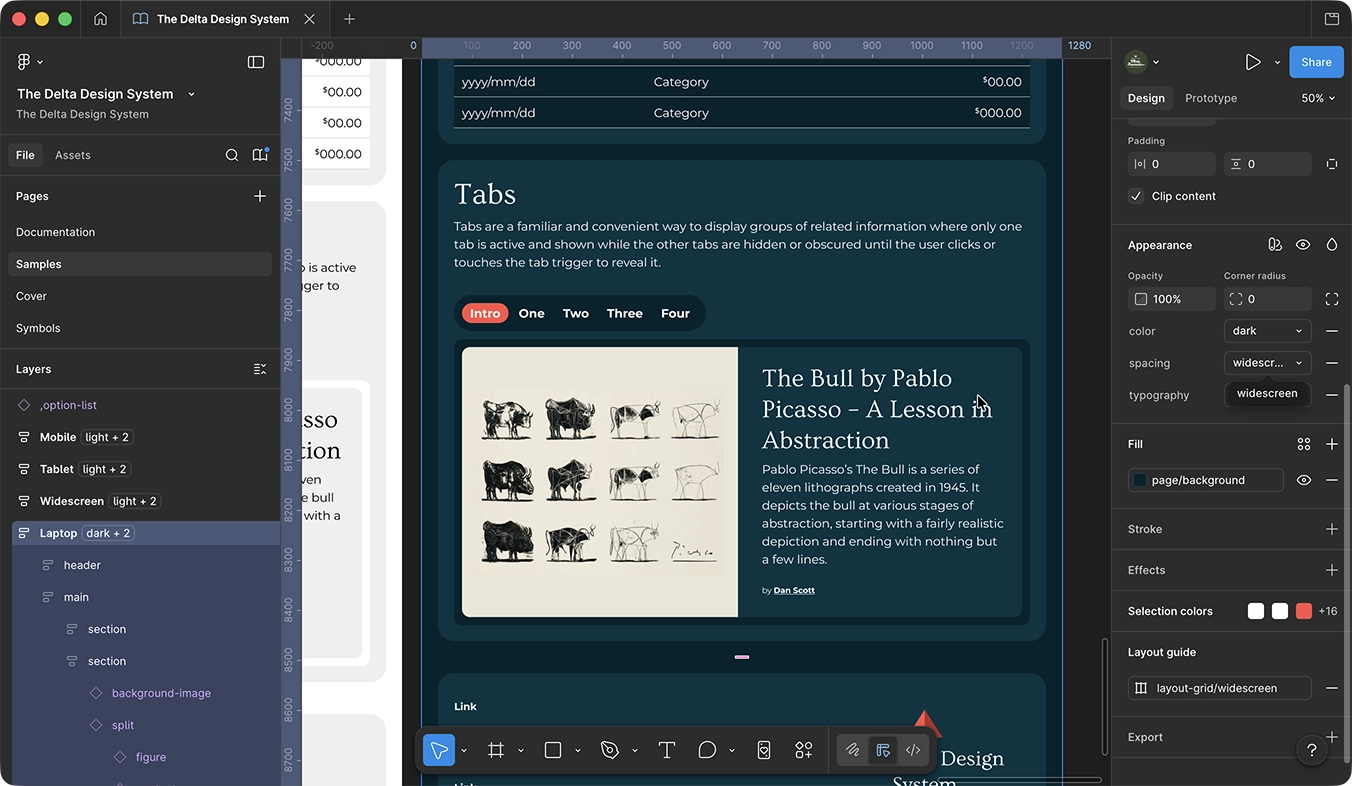 The same Figma sample page shown in dark mode with teal background and inverted colors