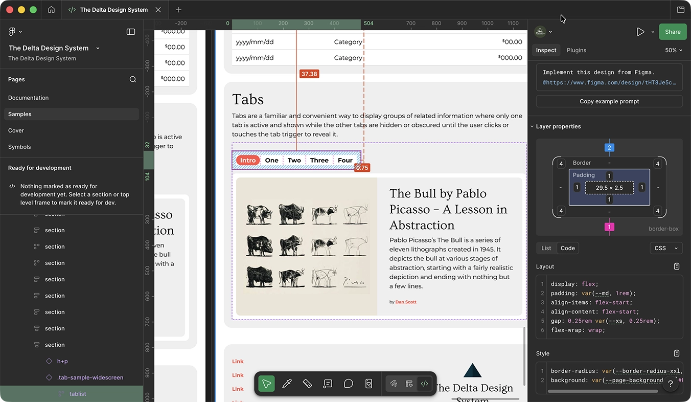 Figma Dev Mode inspect panel showing CSS output with token variable references like var(--md) and var(--page-background)