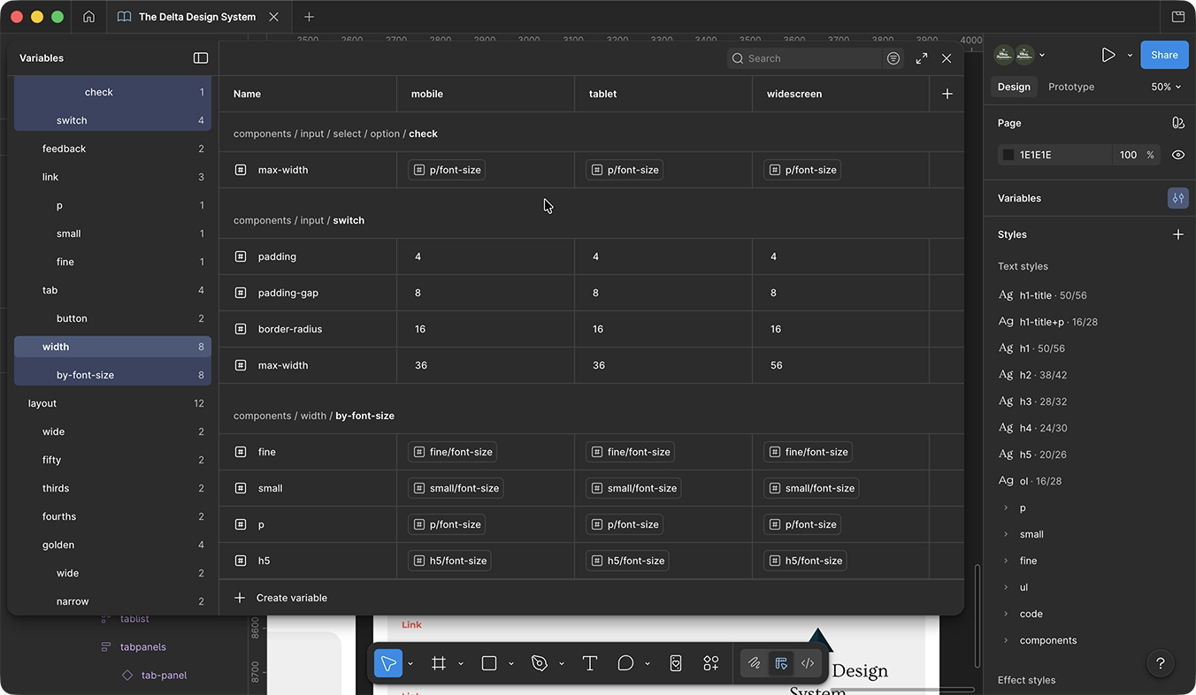 Figma variables panel showing token alias chains where component tokens reference global typography tokens